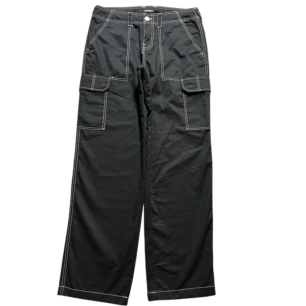 True Religion Cargo Pants Mens 29 (Fits 32x32) Black White Contrast Stitch
